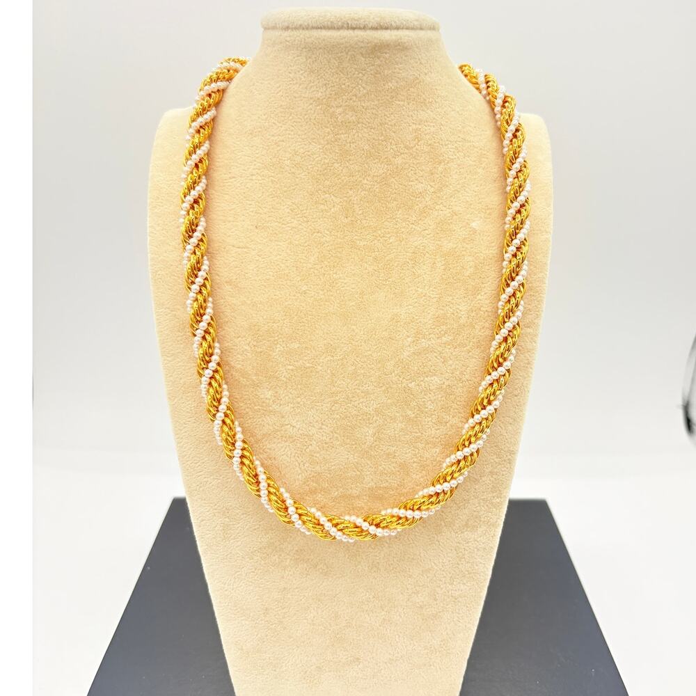 Vintage 32” Gold Tone Braided Rope Necklace with Faux Pearls, 1980s–90s